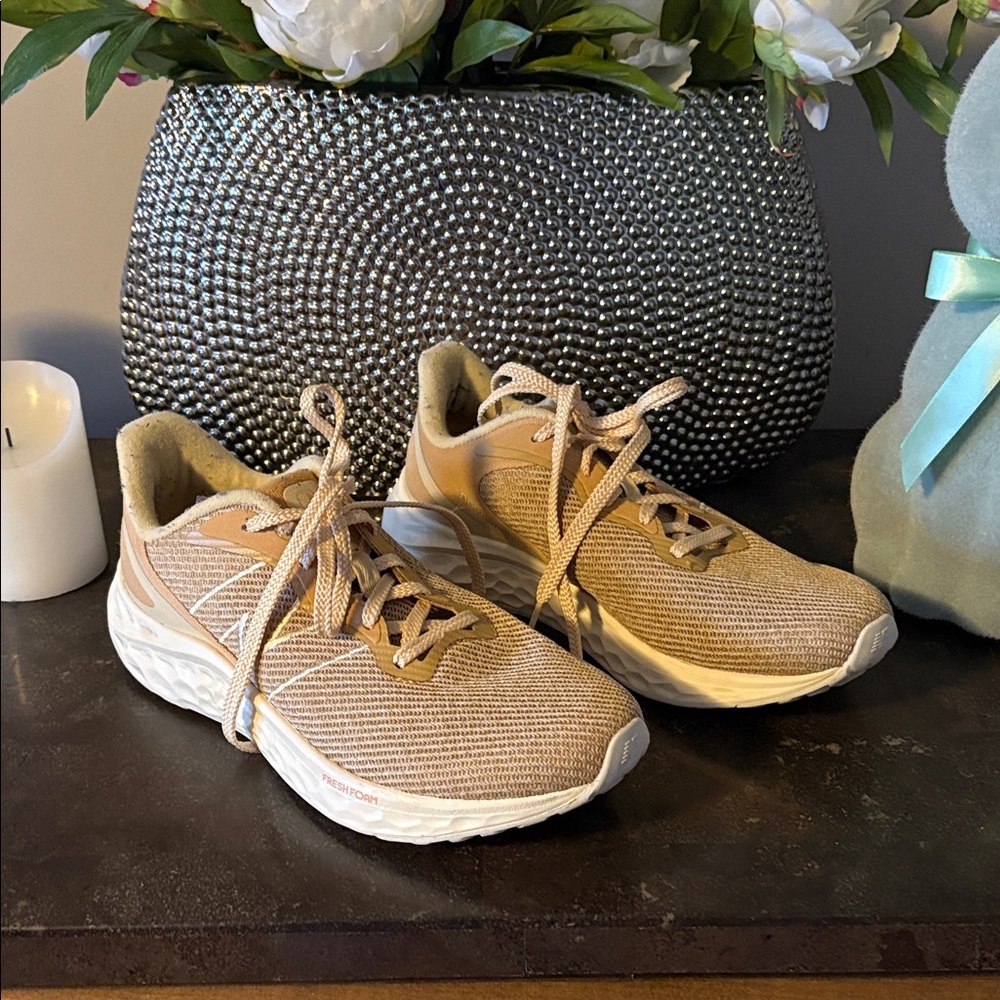 New Balance Beige Knit Athletic Sneakers with White Sole